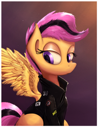 Size: 1080x1400 | Tagged: safe, artist:subjectnumber2394, character:scootaloo, species:pegasus, species:pony, g4, anarchy, bad religion, badass, badass adorable, clothing, cute, cutealoo, female, gradient background, jacket, leather jacket, looking down, nofx, operation ivy, pennywise, punk, simple background, sitting, solo, spread wings, three quarter view, wings