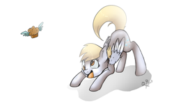 Size: 1024x657 | Tagged: safe, artist:rflzqt, character:derpy hooves, species:pegasus, species:pony, female, mare, muffin, simple background, solo, white background, winged muffin, wings