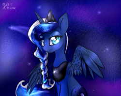 Size: 1024x812 | Tagged: safe, artist:rflzqt, character:princess luna, alternate hairstyle, braid, female, sitting, solo, spread wings, wings