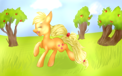 Size: 1024x634 | Tagged: safe, artist:rflzqt, character:applejack, apple, female, happy, hatless, missing accessory, solo, tree
