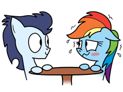 Size: 1024x768 | Tagged: safe, artist:cross, artist:greenlinzerd, character:rainbow dash, character:soarin', ship:soarindash, blushing, date, female, floppy ears, male, nervous, plewds, shaking, shipping, shy, simple background, smiling, straight, sweat, table, transparent background