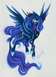 Size: 1024x1401 | Tagged: safe, artist:creeate97, character:princess luna, female, flying, simple background, solo, spread wings, traditional art, wings