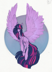 Size: 750x1041 | Tagged: safe, artist:noel, artist:ohnonoel, character:twilight sparkle, character:twilight sparkle (alicorn), species:alicorn, species:pony, big wings, colored sketch, eyes closed, female, flying, mare, sketch, solo, spread wings, wings