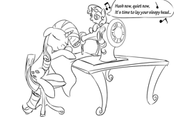 Size: 900x604 | Tagged: safe, artist:rubrony, character:rarity, character:sweetie belle, monochrome, sewing machine, singing, sisters, sleeping