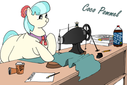 Size: 3280x2202 | Tagged: safe, artist:fatponysketches, character:coco pommel, species:earth pony, species:pony, belly, coco pudge, coffee, collar, desk, fat, female, high res, mare, material, neck fat, necktie, obese, pencil, pizza, quill pen, rolls, sewing machine, soda