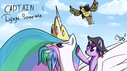Size: 1366x768 | Tagged: safe, artist:twilightsquare, character:owlowiscious, character:princess celestia, character:twilight sparkle, species:alicorn, species:pony, species:unicorn, beard, clothing, ear piercing, earring, eyepatch, facial hair, female, hat, jewelry, mare, piercing, pirate