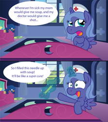 Size: 1920x2160 | Tagged: safe, artist:t-3000, character:princess luna, species:alicorn, species:pony, bed, bedroom, bipedal, clothing, comic, cute, dialogue, female, filly, frown, hat, insane troll logic, leaning, levitation, looking up, magic, needle, nurse, nurse hat, open mouth, plushie, pointing, raised eyebrow, s1 luna, smiling, solo, speech bubble, spread wings, syringe, teddy bear, thinking, this will end in tears and/or death, this will not end well, ursa minor, ursa plush, wide eyes, wings, woona, younger