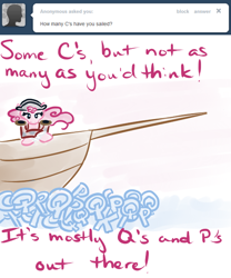 Size: 500x600 | Tagged: safe, artist:alipes, character:pinkie pie, species:pony, ask, ask pinkie pierate, bicorne, bipedal, clothing, female, hat, pirate, ship, solo, tumblr