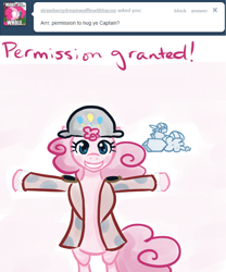 Size: 500x600 | Tagged: safe, artist:alipes, character:pinkie pie, species:pony, ask, ask pinkie pierate, bicorne, bipedal, clothing, hat, pirate, rocky, sir lintsalot, tumblr