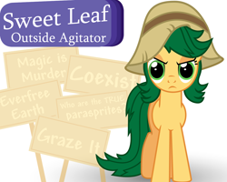 Size: 1280x1024 | Tagged: safe, artist:violetclm, my little pony:equestria girls, background human, caption, eco kids, equestria girls ponified, female, ponified, protest, simple background, solo, sweet leaf, white background