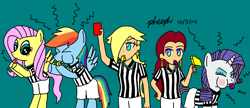 Size: 1256x541 | Tagged: safe, artist:pheeph, character:fluttershy, character:rainbow dash, character:rarity, >.<, american football, blowing, blowing whistle, blushing, clothing, crossover, cute, dashabetes, dodgeball, donkey kong series, eyes closed, female, football, group, pauline, puffy cheeks, rainblow dash, raribetes, red face, referee, referee rainbow dash, referee rarity, rosalina, shorts, shyabetes, sports, super mario bros., super mario galaxy, whistle, whistle necklace