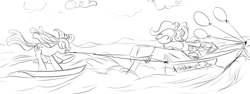 Size: 900x337 | Tagged: safe, artist:rubrony, character:pinkie pie, character:twilight sparkle, balloon, boat, monochrome, mouth hold, water, water skiing