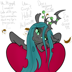 Size: 2048x2048 | Tagged: safe, artist:briarspark, character:queen chrysalis, oc, self insert, looking at you, lounging, pillow, pixiv, smiling