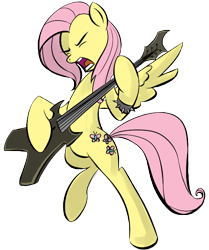 Size: 640x766 | Tagged: safe, artist:rainbowderpy, artist:rubrony, edit, character:fluttershy, species:pegasus, species:pony, bipedal, brütal, color edit, colored, electric guitar, female, guitar, mare, metal, metalshy, music, musical instrument, playing instrument, simple background, solo, transparent background