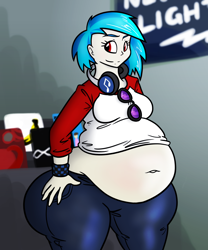 Size: 1250x1500 | Tagged: safe, artist:bigponiesinc, character:dj pon-3, character:vinyl scratch, species:human, ass, bbw, belly button, big belly, fat, female, hand on hip, huge butt, humanized, large butt, midriff, muffin top, music, obese, pony coloring, smirk, solo, sunglasses, thunder thighs, vinyl fat, wide hips