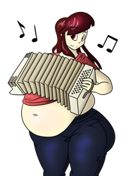 Size: 1250x1750 | Tagged: safe, artist:bigponiesinc, oc, oc only, oc:squeezebox, ponysona, species:human, accordion, ass, bbw, belly button, big belly, fat, huge butt, humanized, humanized oc, large butt, muffin top, musical instrument, obese, simple background, solo, thunder thighs, transparent background, wide hips