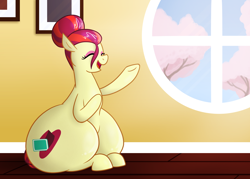 Size: 1750x1250 | Tagged: safe, artist:bigponiesinc, character:torch song, species:earth pony, species:pony, cherry blossoms, chubby, fat, flank, hips, impossibly large butt, impossibly wide hips, large butt, plot, ponytones, singing, solo, thighs, thunder thighs, wide hips, window