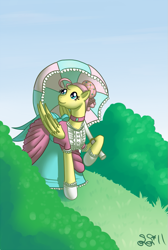 Size: 615x915 | Tagged: safe, artist:alipes, character:fluttershy, clothing, dress, female, solo, umbrella, victorian