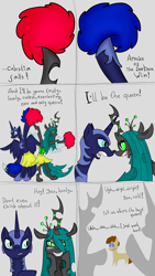 Size: 1152x2048 | Tagged: safe, artist:briarspark, character:nightmare moon, character:princess luna, character:queen chrysalis, oc, self insert, species:alicorn, species:changeling, species:earth pony, species:pony, cheerleader, cheerleader chrysalis, dilemma, pixiv
