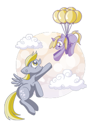 Size: 653x882 | Tagged: safe, artist:xkappax, character:derpy hooves, character:dinky hooves, species:pegasus, species:pony, species:unicorn, balloon, cloud, cloudy, cute, derpabetes, dinkabetes, equestria's best daughter, equestria's best mother, female, filly, floating, flying, happy, mare, mother and child, mother and daughter
