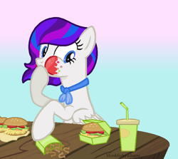 Size: 741x662 | Tagged: safe, artist:monkfishyadopts, base used, oc, oc only, oc:eve softwing, burger, cup, french fries, horseshoe fries, ketchup, messy, solo, table, tomato