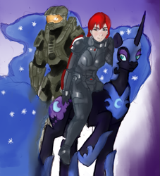 Size: 1079x1188 | Tagged: safe, artist:magello, character:nightmare moon, character:princess luna, species:human, color, commander shepard, crossover, femshep, group, halo (series), mass effect, master chief, riding
