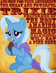 Size: 2550x3300 | Tagged: safe, artist:tygerbug, character:trixie, species:pony, species:unicorn, female, high res, mare, pinecone, solo, text, trixie eating pinecones