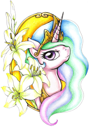 Size: 1676x2328 | Tagged: safe, artist:pingwinowa, character:princess celestia, female, flower, lily (flower), portrait, solo, traditional art