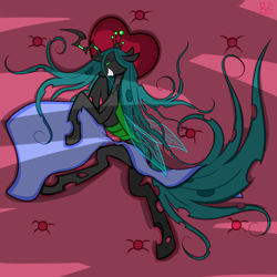 Size: 4096x4096 | Tagged: safe, artist:briarspark, character:queen chrysalis, species:changeling, absurd resolution, bed, bedroom eyes, changeling queen, female, grin, heart, heart pillow, looking at you, on side, pixiv, sheet, solo, stupid sexy chrysalis, sultry pose