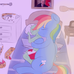 Size: 1100x1100 | Tagged: safe, artist:askcanadash, character:rainbow dash, oc, oc:anon, species:human, species:pony, boxers, chubby, clothing, cuddling, giant pony, human on pony snuggling, macro, reversed gender roles equestria, size difference, sleeping, snuggling, spooning, stephen harper, timbits, tiny human, underwear