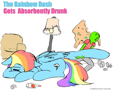 Size: 1485x1118 | Tagged: safe, artist:askcanadash, character:rainbow dash, oc, oc:anon, species:human, species:pony, alcohol, book cover, bottle, children's book, dashaholic, dragging, drunk, drunker dash, giant pony, macro, passed out, vodka, vomit