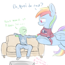 Size: 1200x1200 | Tagged: safe, artist:askcanadash, character:rainbow dash, oc, oc:anon, species:human, species:pony, clothing, couch, french, giant pony, hockey, jersey, leaning, macro, montreal canadiens, muppets treasure island, national hockey league, nhl, sports, television, toronto maple leafs, translated in the comments