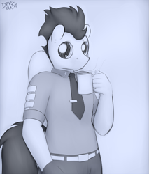 Size: 1089x1280 | Tagged: safe, artist:devs-iratvs, character:soarin', species:anthro, clothing, coffee, male, solo, uniform