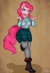 Size: 1280x1867 | Tagged: safe, artist:fairdahlia, character:pinkie pie, species:anthro, boots, clothing, curvy, female, long sleeves, shirt, simple background, skirt, solo, tights