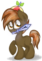Size: 690x1000 | Tagged: safe, artist:kristysk, character:button mash, species:earth pony, species:pony, colt, don't mine at night, male, minecraft, raised hoof, solo, sword