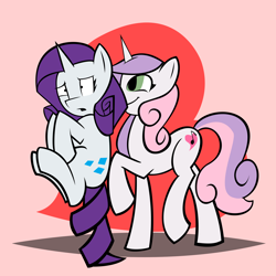 Size: 2720x2720 | Tagged: safe, artist:rubbermage, character:rarity, character:sweetie belle, age progression, carrying, older, scruff, sisters