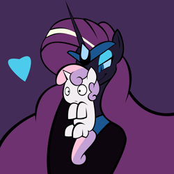 Size: 2248x2248 | Tagged: safe, artist:rubbermage, character:nightmare rarity, character:rarity, character:sweetie belle, species:pony, species:unicorn, carrying, female, heart, nicemare rarity, scruff, siblings, sisterly love, sisters