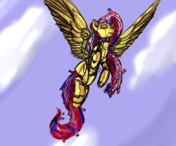 Size: 979x816 | Tagged: safe, artist:magello, character:fluttershy, species:pegasus, species:pony, color, eyes closed, female, flutterbot, flying, robot, solo, wings