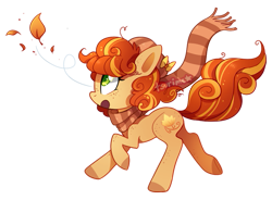 Size: 667x492 | Tagged: safe, artist:tsurime, oc, oc only, oc:autumn aria, species:earth pony, species:pony, bow, clothing, female, freckles, hat, leaf, mare, running, scarf, simple background, solo, transparent background