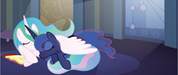 Size: 5858x2475 | Tagged: safe, artist:t-3000, character:princess celestia, character:princess luna, book, eyes closed, prone, sleeping, wing blanket