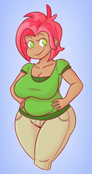 Size: 962x1802 | Tagged: safe, artist:hamflo, character:babs seed, species:human, breasts, busty babs seed, chubby, cleavage, female, humanized, looking at you, plump, solo