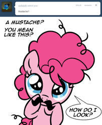 Size: 500x616 | Tagged: safe, artist:sketchyjackie, character:pinkie pie, ask, cute, diapinkes, filly, moustache, my little filly