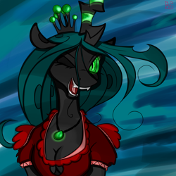 Size: 4096x4096 | Tagged: safe, artist:briarspark, character:queen chrysalis, species:anthro, species:changeling, absurd resolution, boob window, cleavage, clothing, dress, female, necklace, solo, wink