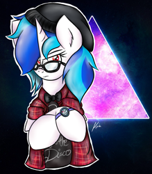 Size: 735x839 | Tagged: safe, artist:kristysk, character:dj pon-3, character:vinyl scratch, species:pony, species:unicorn, abstract background, band shirt, bandaid, beanie, black hat, black shirt, bow tie, clothing, female, glare, glasses, hat, hipster, horn, jacket, mare, panic! at the disco, plaid, plaid jacket, shirt, solo, t-shirt, watch, wristwatch