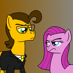 Size: 500x500 | Tagged: safe, alternate version, artist:crazynutbob, character:cheese sandwich, character:pinkamena diane pie, character:pinkie pie, clothing, dull eyes of unhappiness, frown, glasses, necktie, straight hair, suit