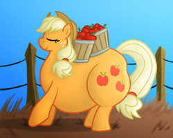 Size: 1250x1000 | Tagged: safe, artist:bigponiesinc, character:applejack, species:earth pony, species:pony, apple, applefat, belly, fat, female, obese, profile, solo