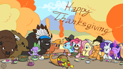 Size: 1920x1080 | Tagged: safe, artist:flavinbagel, character:applejack, character:chief thunderhooves, character:fluttershy, character:little strongheart, character:pinkie pie, character:rainbow dash, character:rarity, character:spike, character:twilight sparkle, species:buffalo, species:dragon, species:earth pony, species:pegasus, species:pony, species:unicorn, apple, bread, clothing, corn, cornucopia, cranberry sauce, female, food, fruit, hat, male, mane six, mare, pear, pie, pilgrim hat, pilgrim outfit, thanksgiving