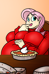 Size: 1000x1500 | Tagged: no source, safe, artist:bigponiesinc, character:fluttershy, species:human, bbw, belly, breasts, clothing, fat, fattershy, female, humanized, obese, pumpkin pie, solo, stuffing, sweater, sweatershy