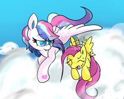 Size: 1280x1024 | Tagged: safe, artist:cotton, character:fluttershy, character:star catcher, species:pegasus, species:pony, g3, cloud, female, filly, flying, foal, g3 to g4, g3betes, generation leap, heart eyes, mare, sweat, wingding eyes, younger