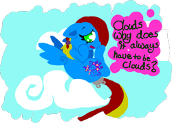 Size: 876x628 | Tagged: safe, artist:cotton, character:thistle whistle, species:pegasus, species:pony, g3, cloud, female, floppy ears, g3 to g4, generation leap, nephophobia, solo, that pony sure does fear clouds